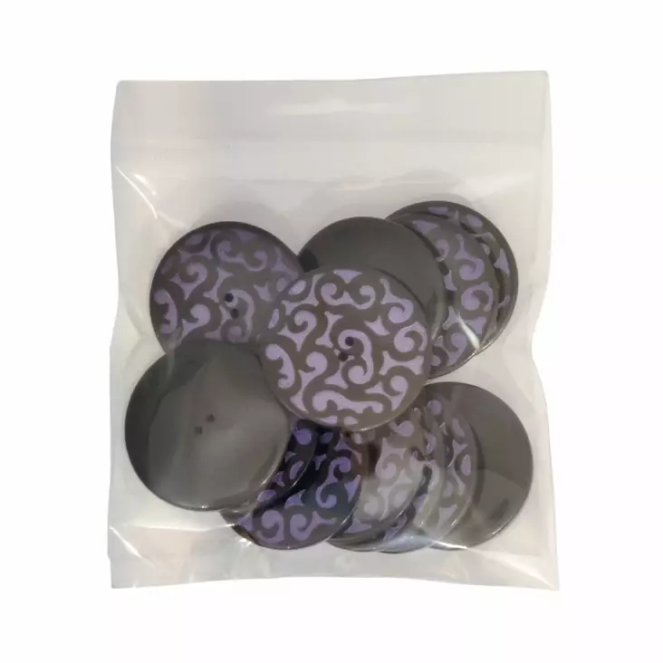 MUOVINEN 2-REIKÄ NAPPI 38 MM MUSTA/LILA KUVIO 1PUSSI (N. 10 KPL) N4726-38 - Koristenapit - 36671 - 1