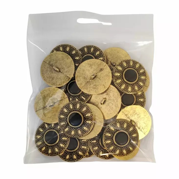 METALLINEN KANTANAPPI 28 MM KULTA/MUSTA KUVIO 1PUSSI (N. 20 KPL) N8304 - Metallinapit - 36583 - 1