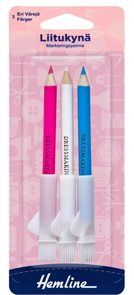 HEMLINE LIITUKYNÄ 3 VÄRIÄ KYNÄN PÄÄSSÄ MUOVIHARJA - Ompelijan välineet - 11163 - 1