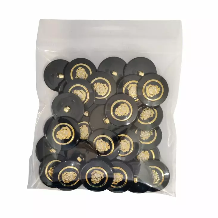 MUOVINEN KANTANAPPI 23MM MUSTA/KULTA VAAKUNA 1PUSSI (N. 30 KPL) N99982-23 - Koristenapit - 36685 - 1
